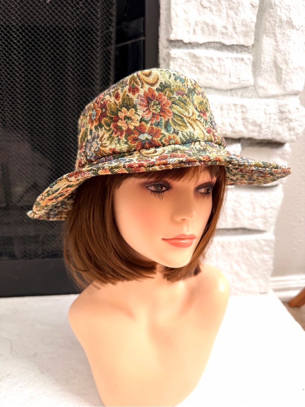 Handmade Floral Tapestry Wide Brim Hat 21” Cottagecore Fall Vintage Style